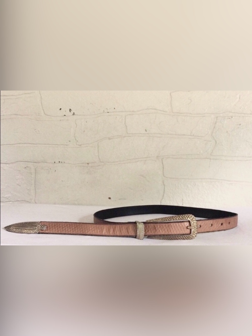Vintage Tan Snakeskin Embossed Skinny Western Belt Silver Buckle Size L